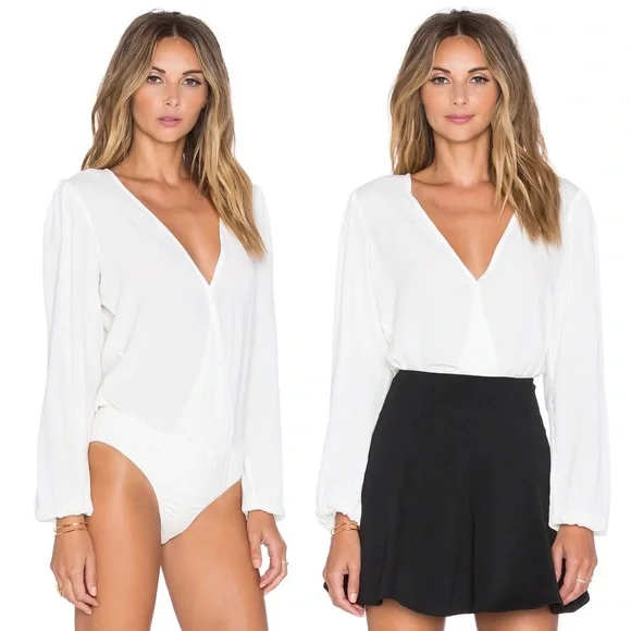 LOVERS + FRIENDS Surplice Wrap Long Sleeve Bodysuit in White - Picture 2 of 8